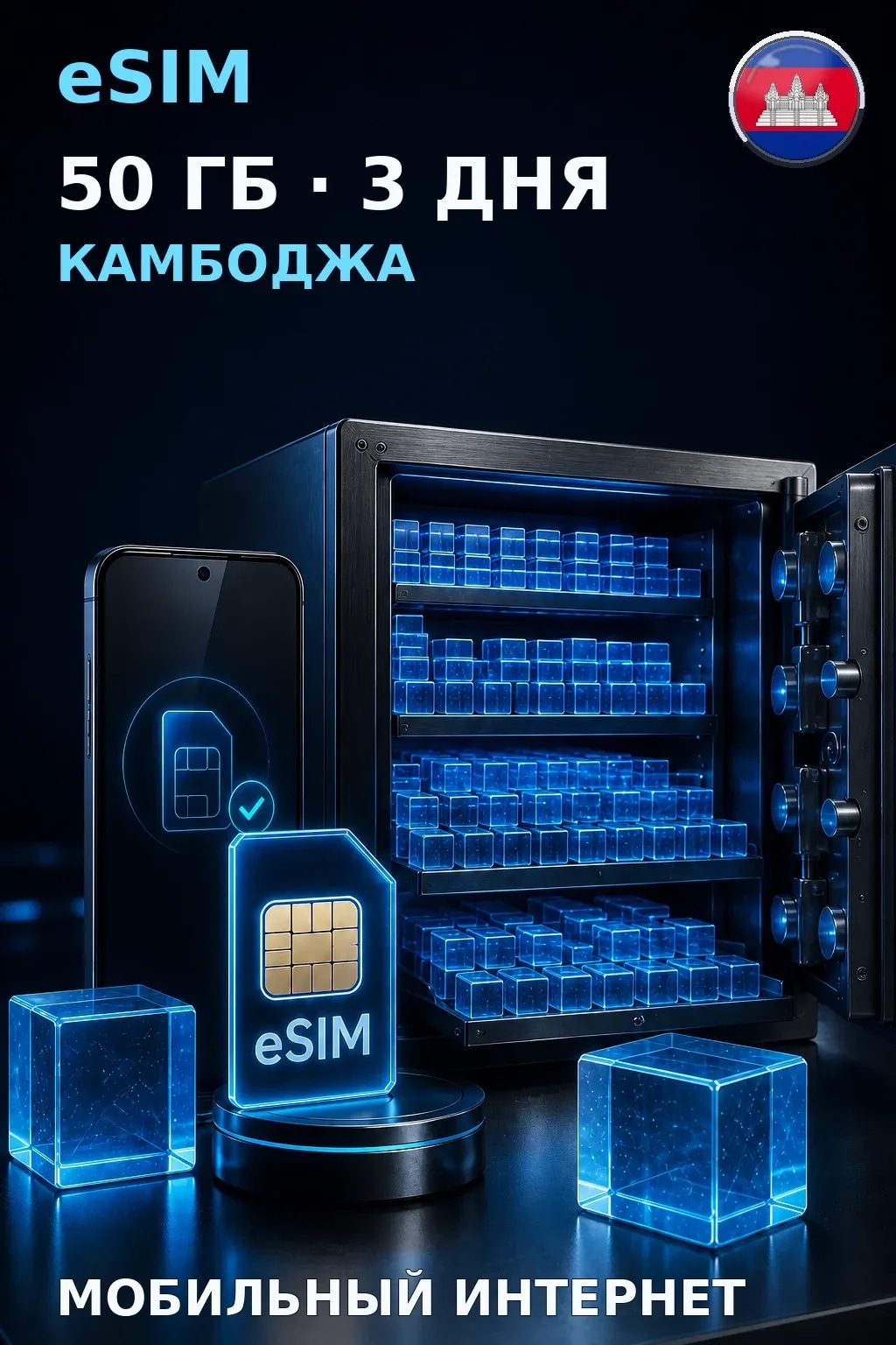 eSIM Камбоджа — 50 ГБ, 3 дня — интернет